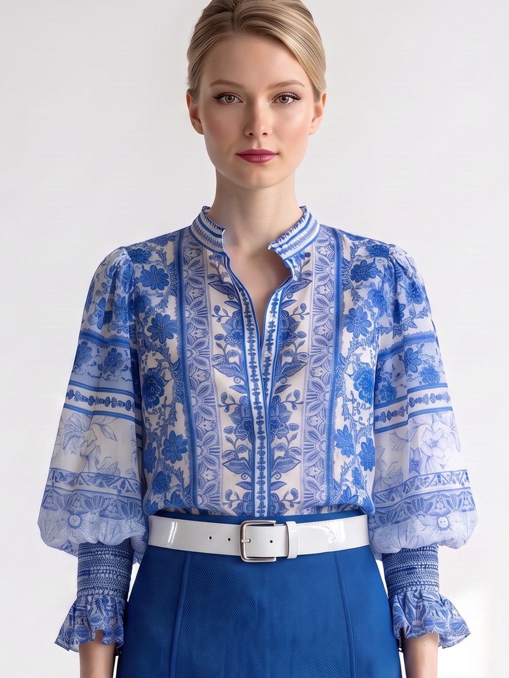 Alice + Olivia Ilan Smocked Sleeves Silk Blend Blue White Floral Pattern Blouse